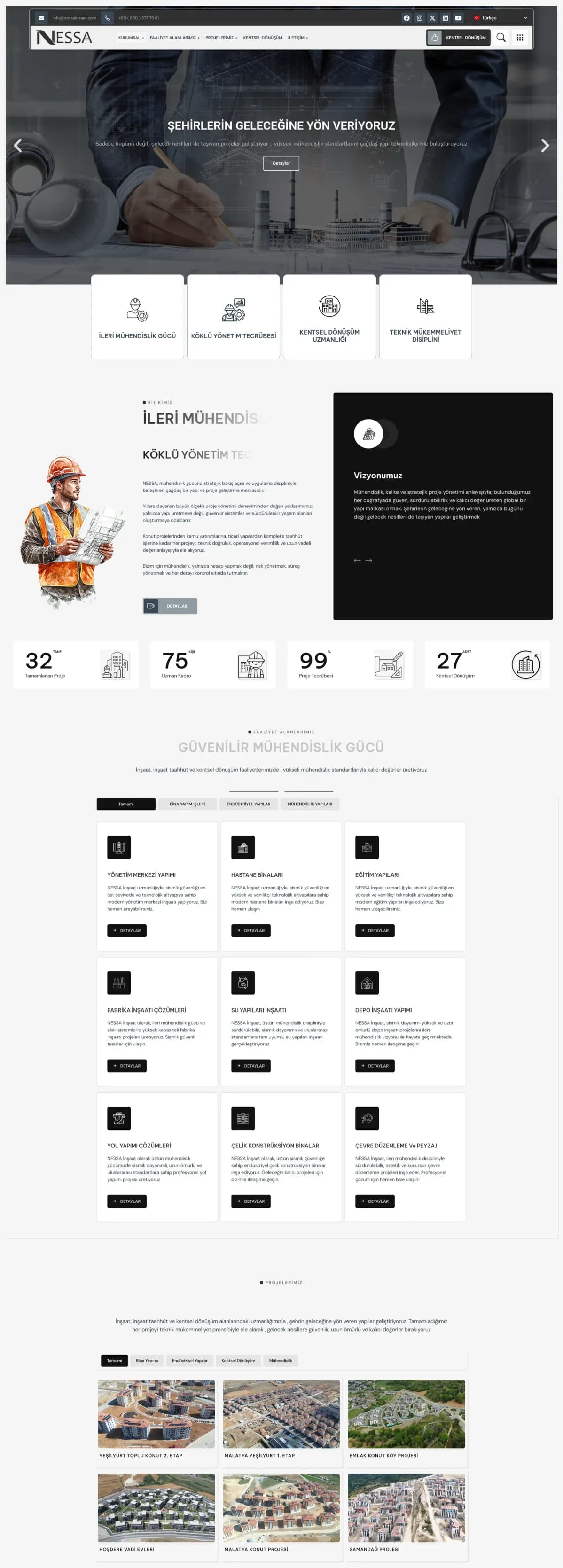 Nessa İnşaat web sitesinin ana sayfası